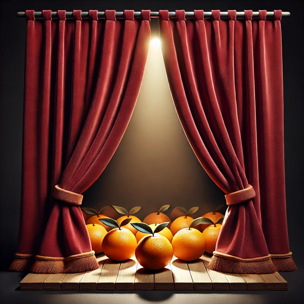 Oranges behind curtains on a stage, symbolizing Yellow Orange Agency's freelance support team working behind the scenes on creative projects.